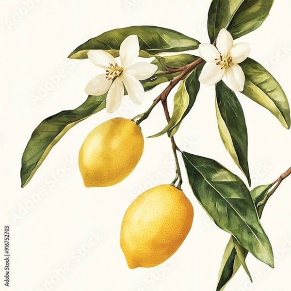 Fototapeta lemon branches with vibrant green leaves white flowers, Watercolor botanical illustration of The lemons are bright yellow, the branches are brown, the leaves are lush green, and the flowers are pure