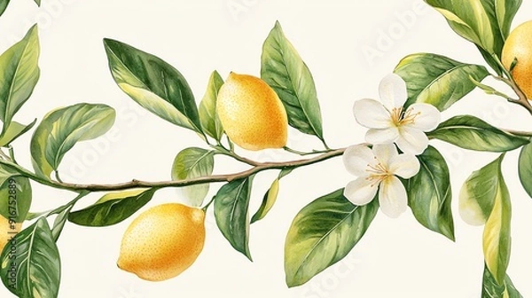 Fototapeta lemon branches with vibrant green leaves white flowers, Watercolor botanical illustration of The lemons are bright yellow, the branches are brown, the leaves are lush green, and the flowers are pure w