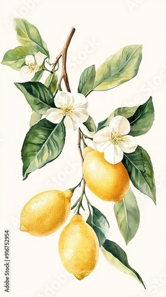 Fototapeta lemon branches with vibrant green leaves white flowers, Watercolor botanical illustration of The lemons are bright yellow, the branches are brown, the leaves are lush green, and the flowers are pure w