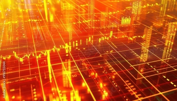 Obraz A vibrant 3D abstract scene showcasing data visualizations in vivid orange and yellow, with graphs and charts intricately woven into the composition