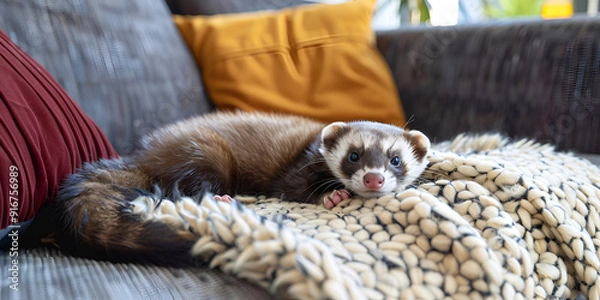 Fototapeta Adorable Ferret Relaxing on a Cozy Couch