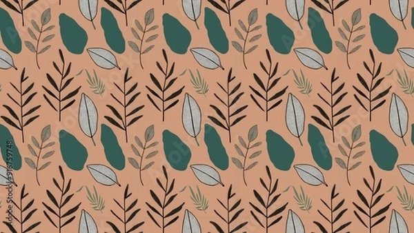 Fototapeta Abstract nature backdrop featuring a botanical seamless pattern in a contemporary flat design Handdrawn foliage in a dotted style with leaf silhouettes and outline contour illustrat