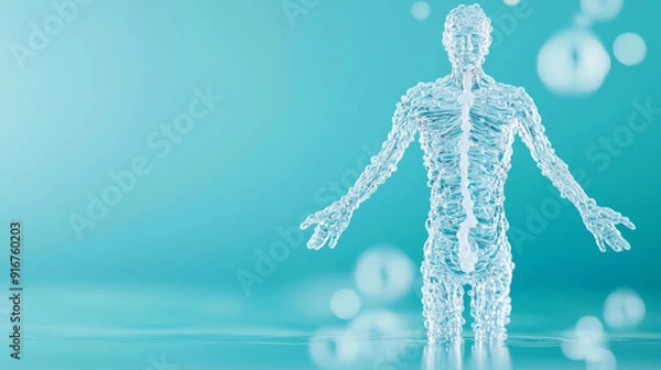 Obraz Illustration of a human body made of water, symbolizing the essential role of hydration in overall health and vitality, hydration health benefit, life essence
