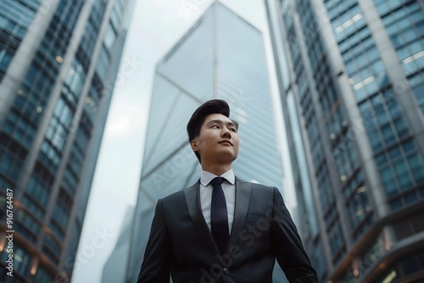 Fototapeta Well-groomed, rich Chinese young man in full height in an expensive suit against the background of blurry skyscrapers, view from below