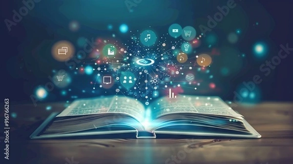 Fototapeta AI in Education. Digital book opening, with  interactive elements