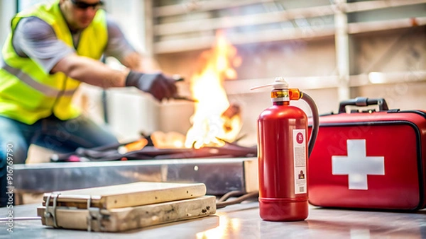 Fototapeta Safe workplace red First Aid Kit together with fire extinguisher are set ready in cases fire occurs with defocused construction worker conducting hot work oxy cutting steel plate structure background
