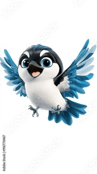 Obraz A cheerful magpie bird flies joyfully with vibrant blue wings in a cartoon style