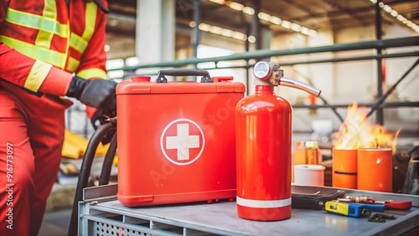 Fototapeta Safe workplace red First Aid Kit together with fire extinguisher are set ready in cases fire occurs with defocused construction worker conducting hot work oxy cutting steel plate structure background

