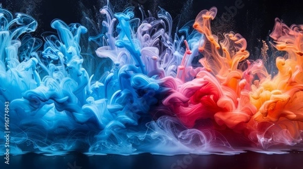 Fototapeta Colorful swirling ink clouds create abstract art in vibrant hues of blue, pink, orange, and purple