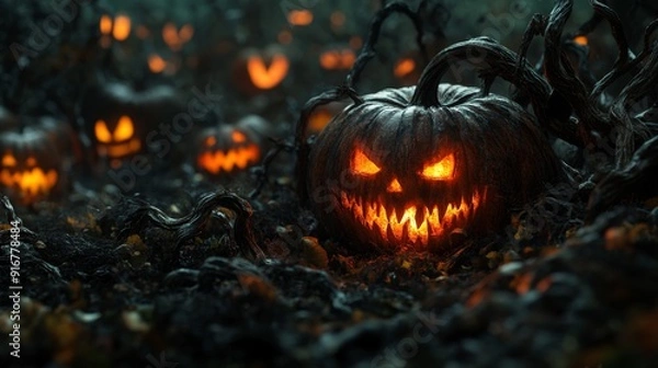 Fototapeta Creepy Halloween Landscape with Sinister Pumpkin Patch and Menacing Jack-o'-Lantern Faces