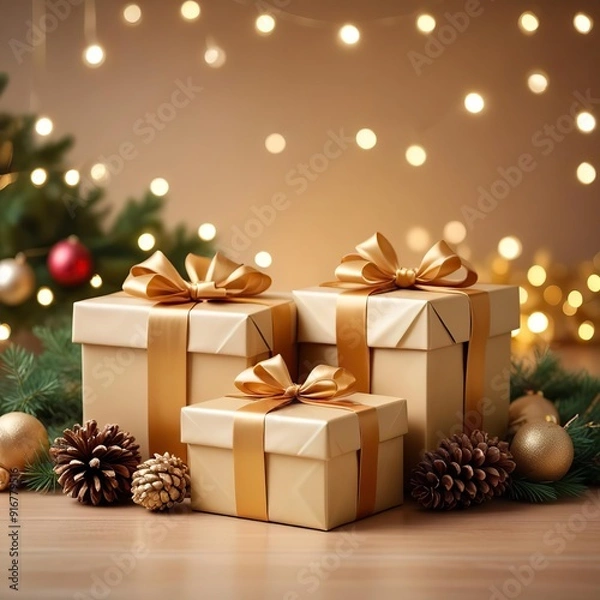 Fototapeta Christmas gifts wrapped in gold paper with satin bows are beautifully arranged among pine branches and cones. Ai generated 