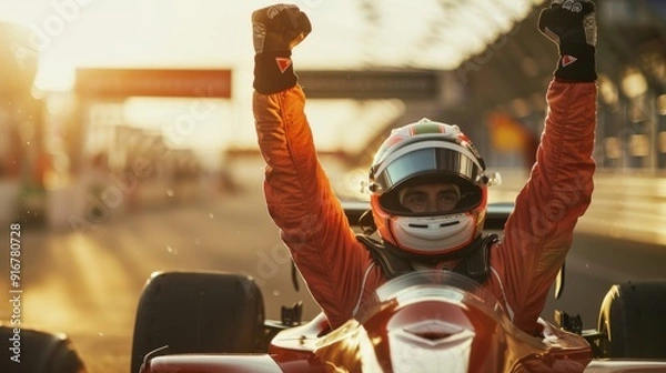 Fototapeta Race car driver celebrating a win