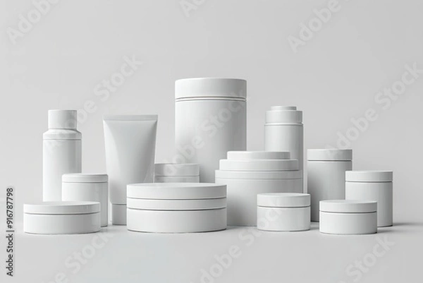 Fototapeta Three-dimensional rendering of blank white cosmetic skincare cosmetics containers, Generative AI.