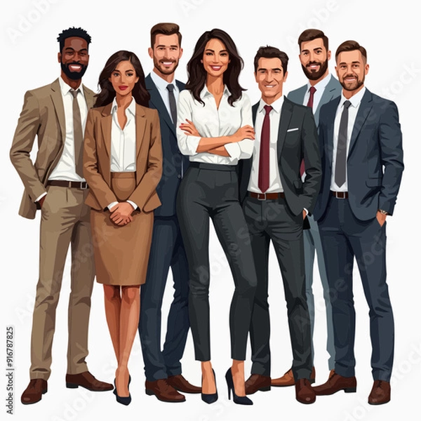 Fototapeta Vector illustration of group of business people standing. Diverse business people standing, men and women full length. Inclusive business concept. Vector illustration isolated on white background