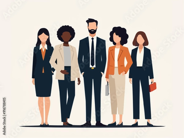 Fototapeta Vector illustration of group of business people standing. Diverse business people standing, men and women full length. Inclusive business concept. Vector illustration isolated on white background