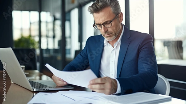 Fototapeta A business man in a suit sitting at his desk and reading documents while using a laptop computer in an office background with glass windows. 