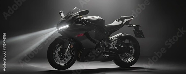 Obraz A sleek, black motorcycle with a powerful engine, gleaming under a spotlight. This image evokes speed, adrenaline, and freedom.