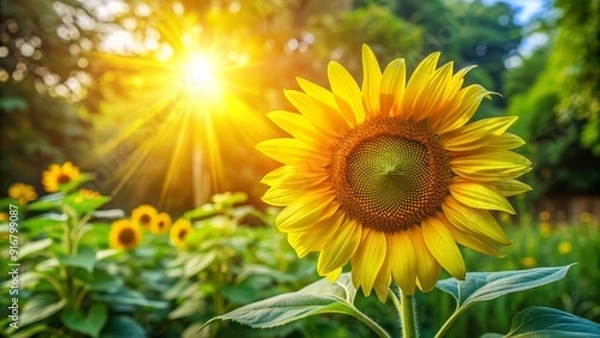 Obraz Vibrant yellow petals unfurl from a statuesque stem, as a lone sunflower blooms brightly in a lush green garden, basking in warm sunlight.