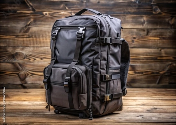 Fototapeta A sturdy black backpack with padded straps and multiple compartments stands upright on a rustic wooden floor, ready for adventure and travel.