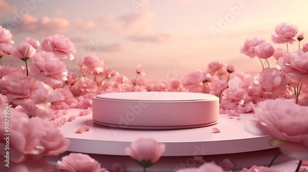 Fototapeta 3D rendering Pink podium and roses blossom background for product presentation AI Generated