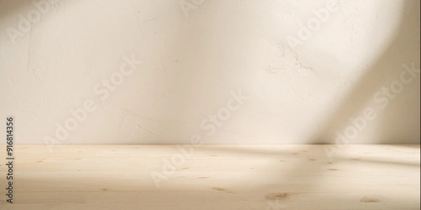 Obraz Empty wooden table on stucco background with shadow on the wall. Mock up for branding products, presentation, food and health care.	
