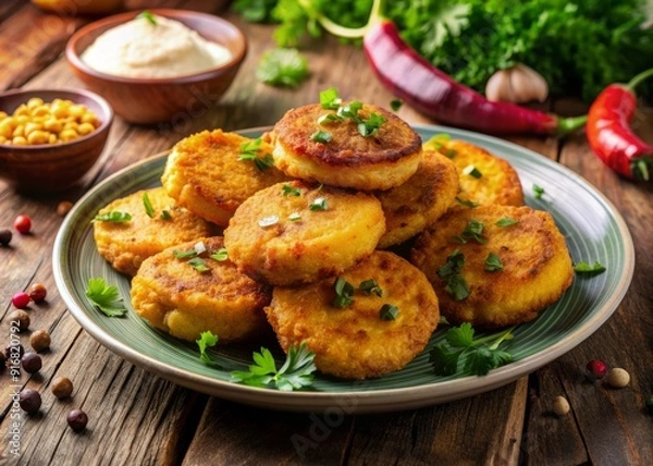 Fototapeta Crispy fried patties of mashed potatoes mixed with spices and meat, golden brown and served on a plate.