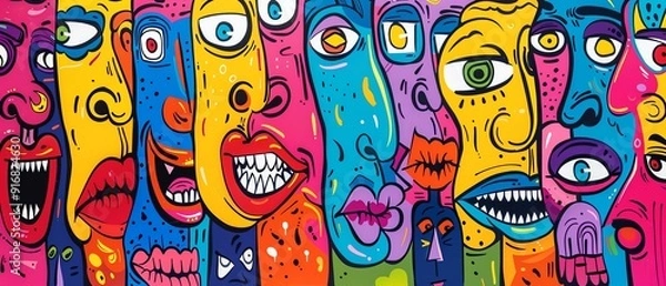 Fototapeta Colorful cartoon faces, abstract background, vibrant and playful, energetic street art style