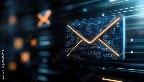 Fototapeta Abstract digital featuring a glowing envelope icon amidst a network of light trails, symbolizing electronic communication.