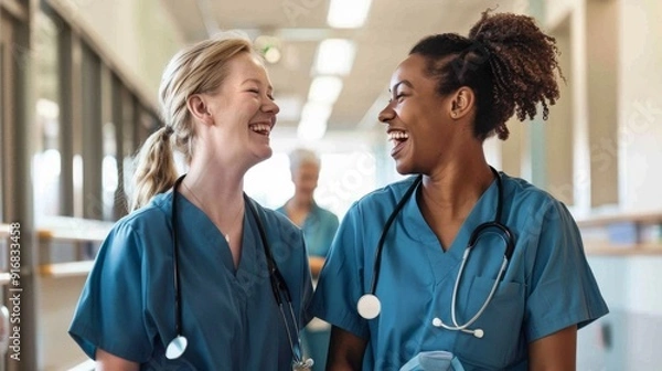Fototapeta Two nurses sharing a laugh and conversation in a hospital setting. Concept Nursing, Workplace Interaction, Healthcare Communication, Laughter, Team Bonding