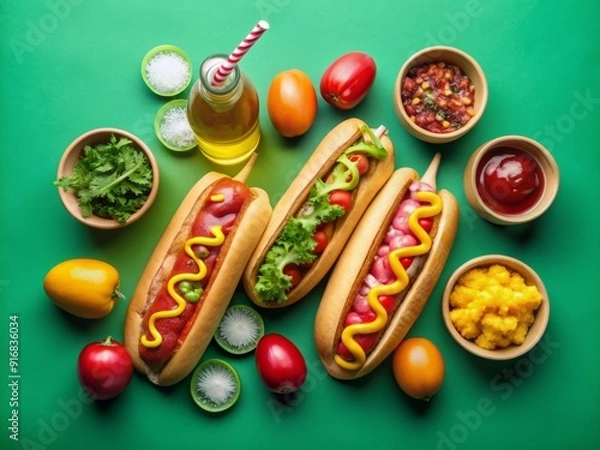 Fototapeta Colorful arrangement of hot dogs, various condiment bottles, a ball, and a glass on a vibrant green background, top view.