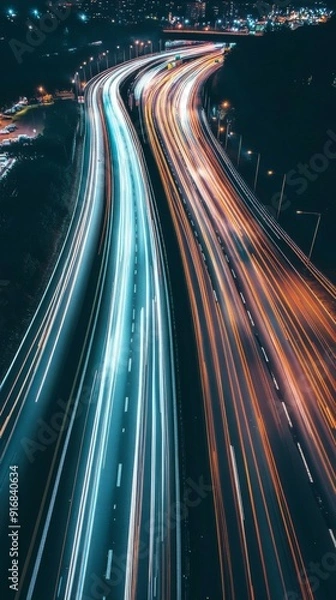 Obraz Urban Symphony at Night: A Bird's Eye View of a Bustling Highway at Dusk, with the Gliding Light Streams of Vehicles, Perfect for Themes of City, Traffic, and Urban Life