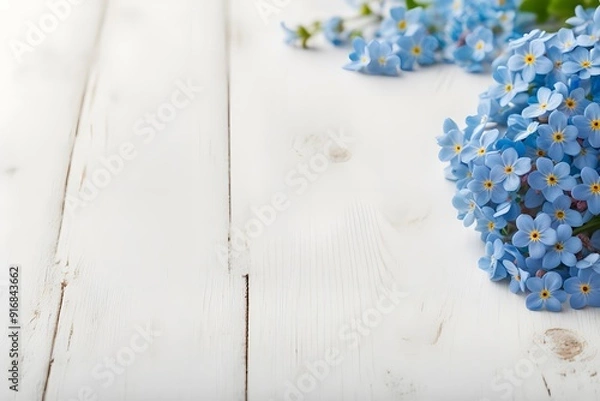 Fototapeta Forget me not flowers on white wooden table, Ai Generated
