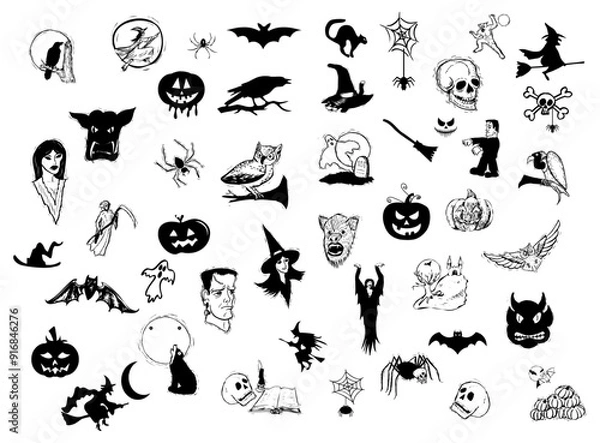 Fototapeta Set of Halloween silhouettes black icon and character. Vector illustration Isolated on white background