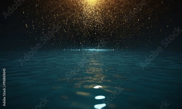 Fototapeta serene body water, with single light source casting reflection on the surface, is surrounded by dark
