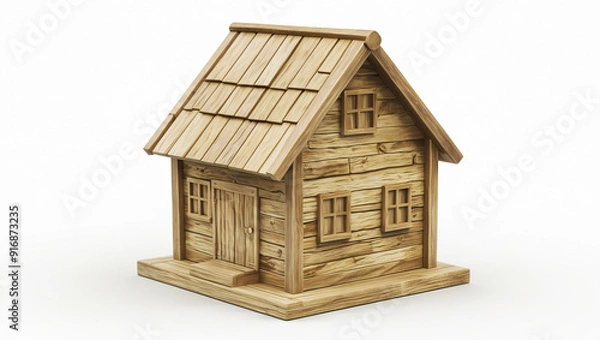 Fototapeta a small wooden house with a door, two windows