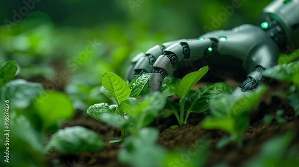 Fototapeta Artificial intelligence. Smart robotics analysis leaf and foliar fertilization and pollination of fruits vegetables. Detection spray chemical. Agriculture farming technology futuristic with robot.