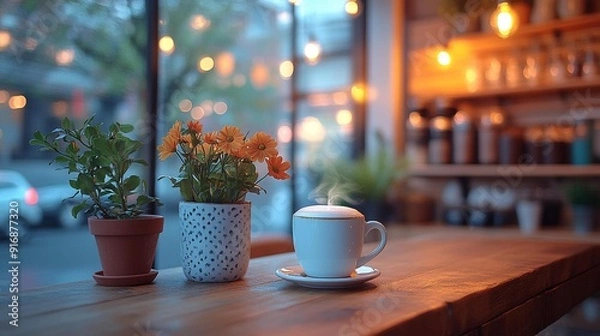 Fototapeta Warm Coffee Shop Decor with Cozy Shelf and Table, Enchanted by Bokeh Effect - Generative AI