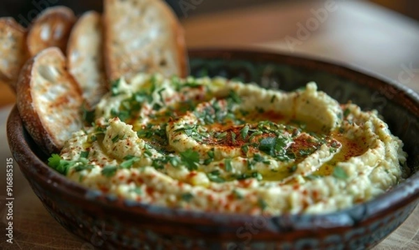 Fototapeta Hummus with coriander and fresh bread