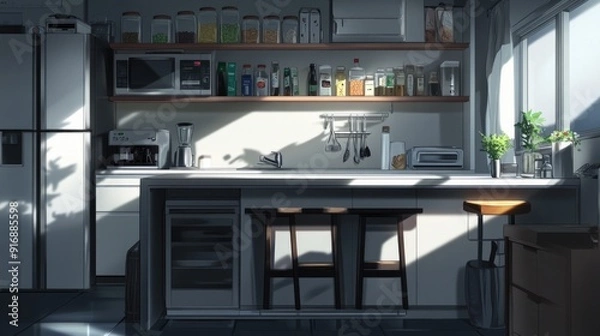 Fototapeta Sleek anime kitchen with high-end appliances, a breakfast bar, and open shelving
