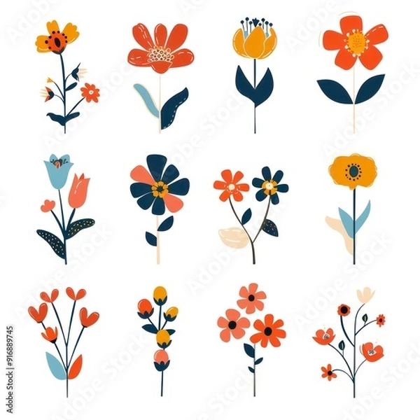 Fototapeta colorful flowers set minimalist illustration isolated on a white background 
