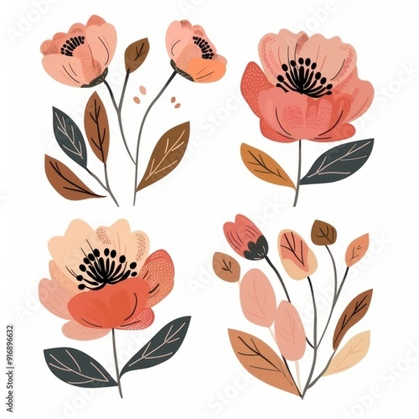 Fototapeta peonies flower set clipart illustration with simple graphics and soft amber, orange and pink colors