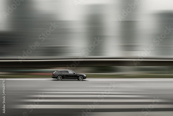 Fototapeta Fast driving car. Black car with city background blurred at speed. Car driving, speed concept