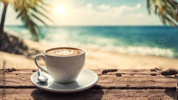 Obraz A cup of coffee with a picturesque background on the beach with a place to copy text.