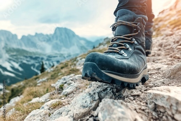 Obraz Up-Close Shot of a Hiker's Boots on a Rocky Trail with a Breathtaking Mountain Landscape, Capturing the Essence of Adventure and Exploration in Nature.
