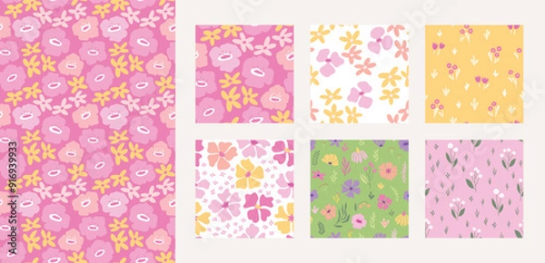 Fototapeta Floral seamless pattern set, trendy graphic digital papers with botanical elements, flowers, leaves for your design. Hand drawn collection. Vector illustration.