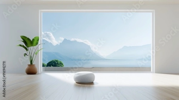 Fototapeta Minimalist interior with serene mountain view, creating a peaceful atmosphere for relaxation and mindfulness.