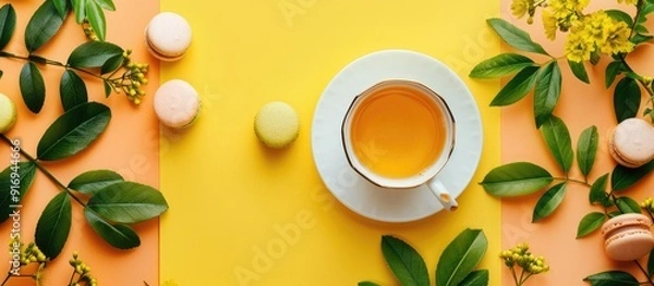 Obraz Sunny day vibes at a summer tea party with a cup of tea, macarons, lush greenery, and a yellow backdrop in a top-down view, with room for text or images. image with copy space