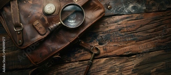 Fototapeta On a rustic wooden table background, there is an antique leather bag next to a magnifying glass, leaving room for additional elements in the image.