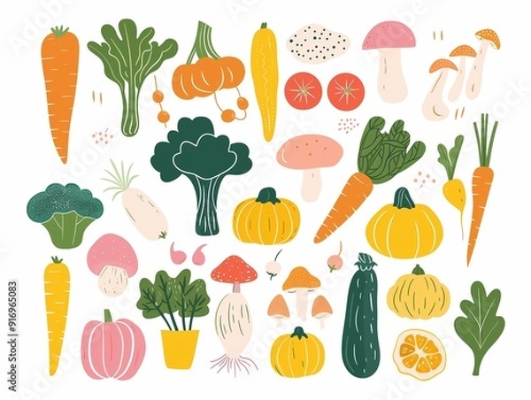 Obraz Set of various vegetables simple illustration. AI generated
