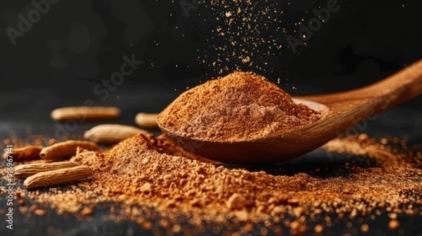 Fototapeta Rustic Wooden Spoon Spilling Aromatic Nutmeg Powder on Black Background